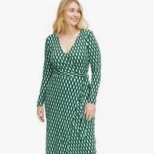 DVF green geometric wrap dress.